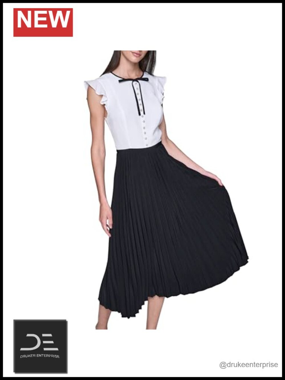 Karl Lagerfeld Bow Neck Tie Pleated Midi Dress